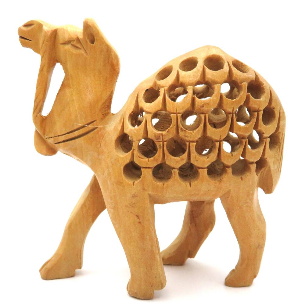 Vintage Hand Carved Wood Camel Figurine w Baby Camel Inside Pierced Carving
